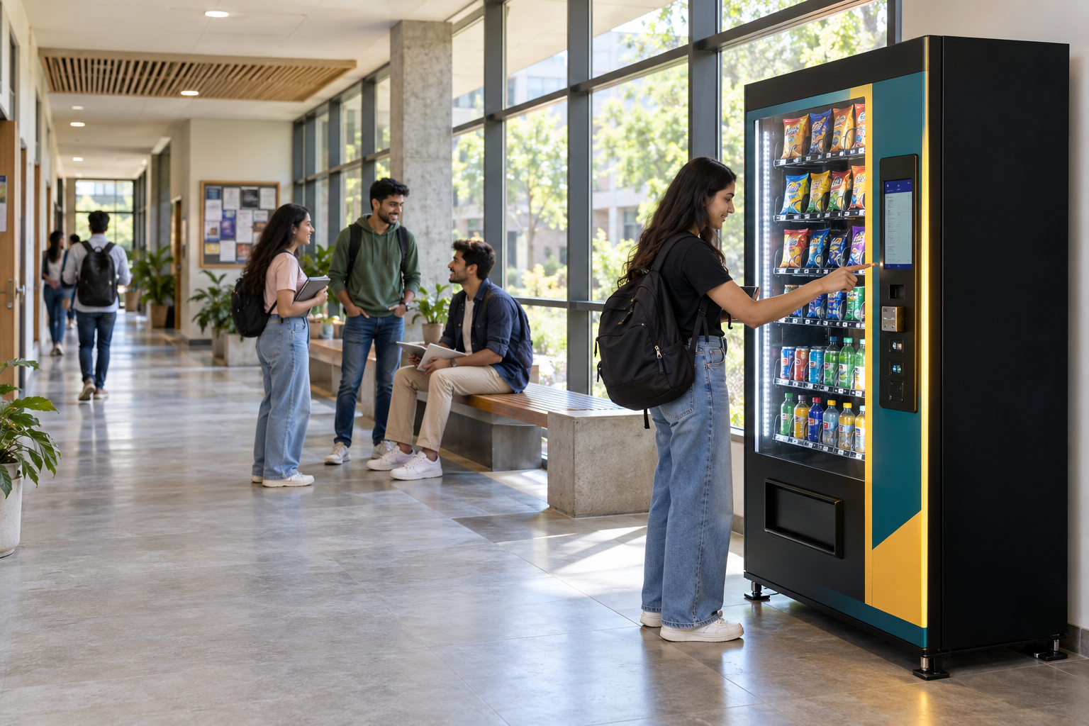 Students beside a vending machine in a college common area