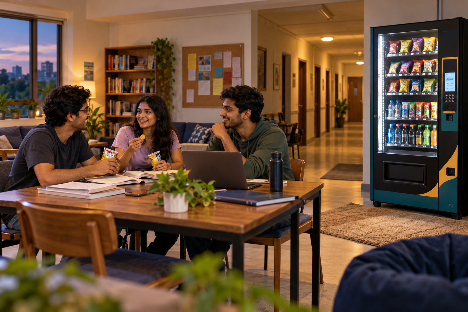 Students taking a break in a hostel common room with a vending machine