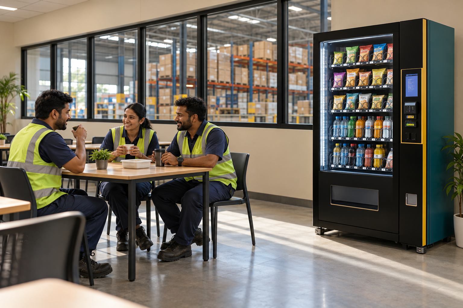 Warehouse employees taking a break beside a vending machine