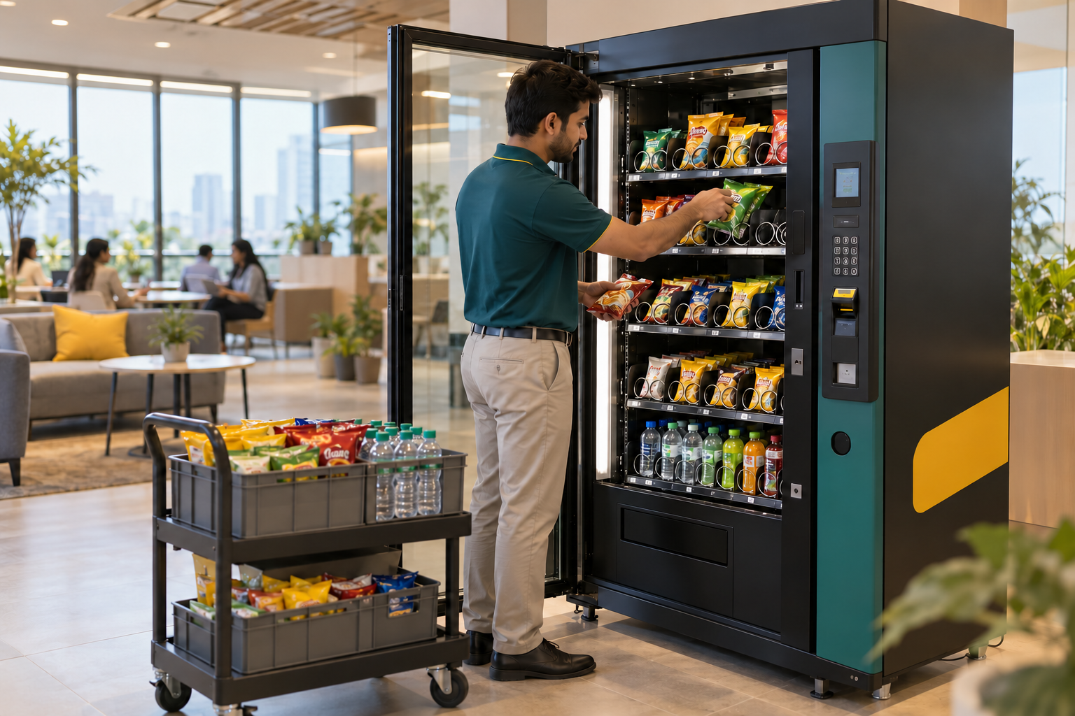 Service professional replenishing packaged snacks in a vending machine